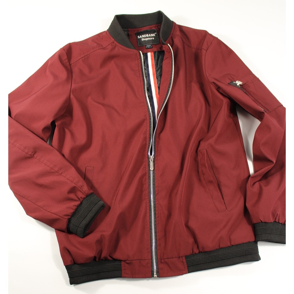 Sandbank Bomber Jacket Men L Burgundy Excellent Full Zip Utility Pocket Slim Fit